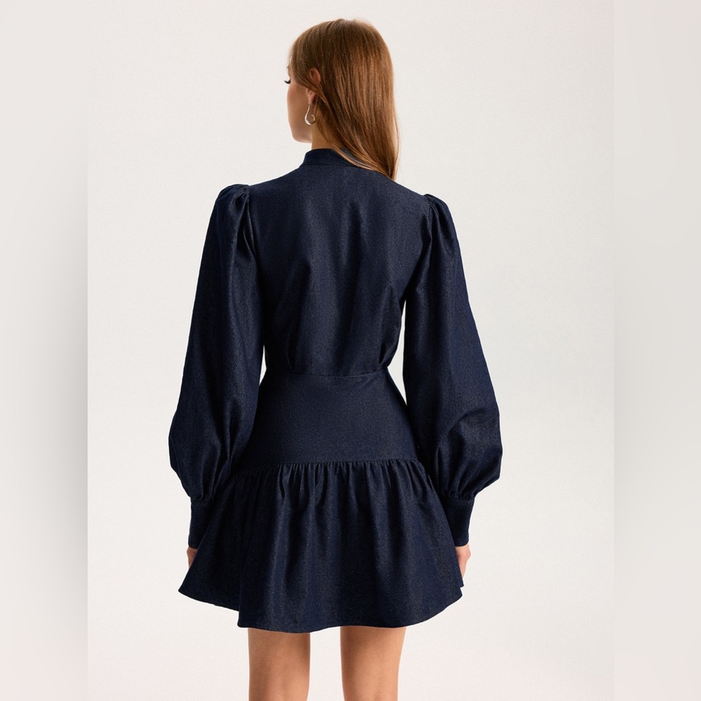 NWT. Commense. Denim Stand Collar Puff Sleeve Mini Dress. Size Small. - Picture 2 of 15